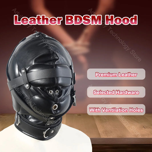 Adjustable Leather BDSM Hood Full Head Bondage Mask