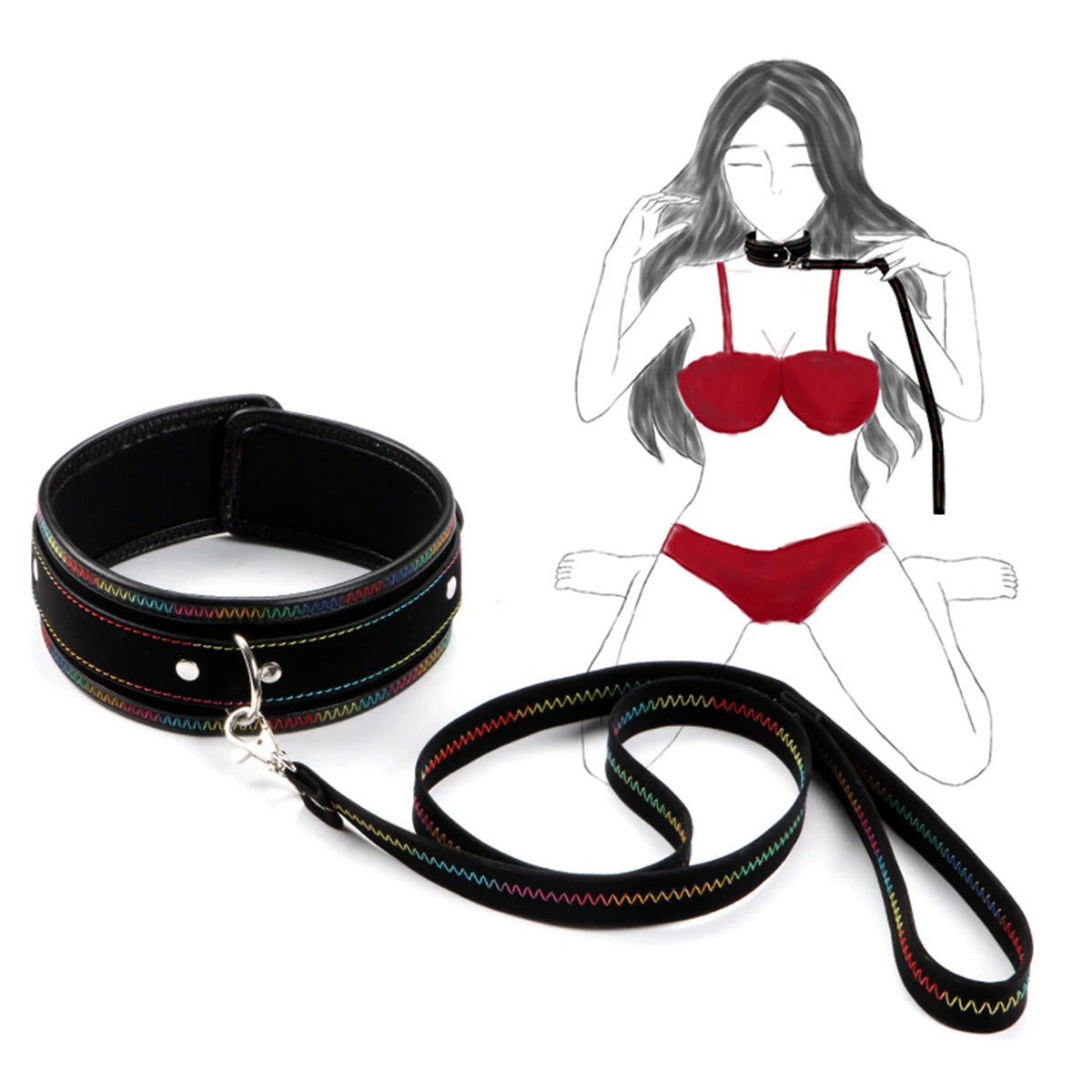 Leather BDSM Collar Leash Harness with Chain for Women