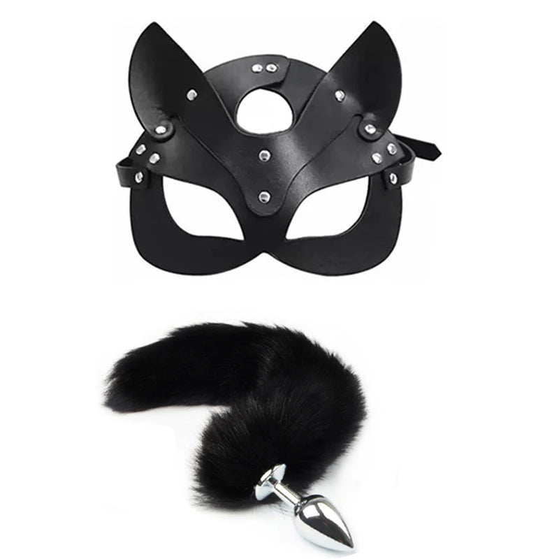 Cosplay Fox Tail Anal Plug with Cat Mask for Women Play