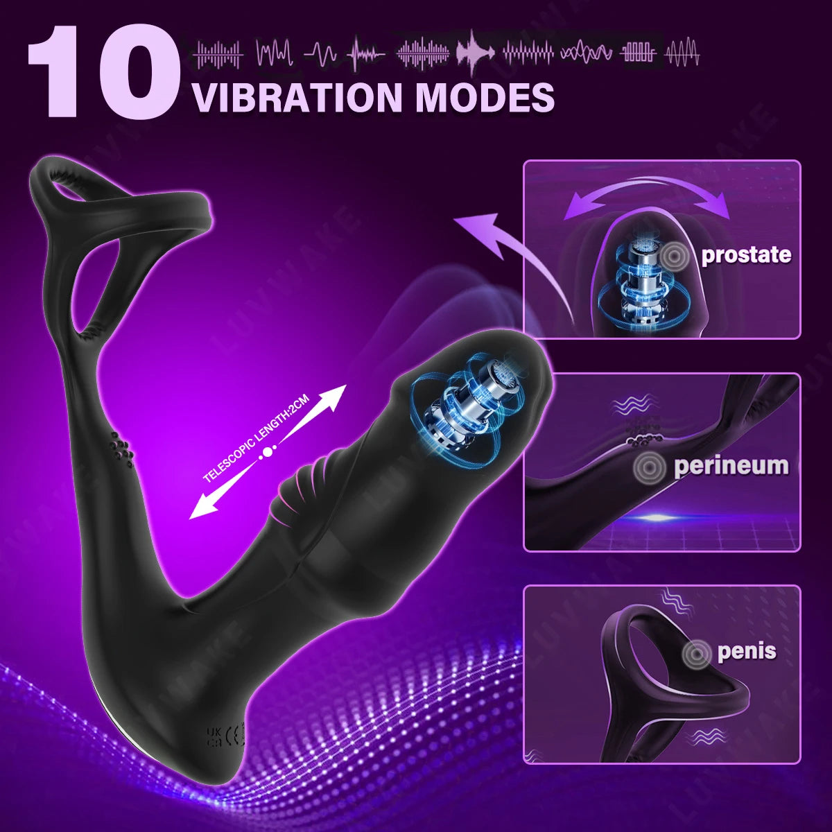 Vibrating Anal Prostate Massager with Cock Ring, butt plug 3 Motors