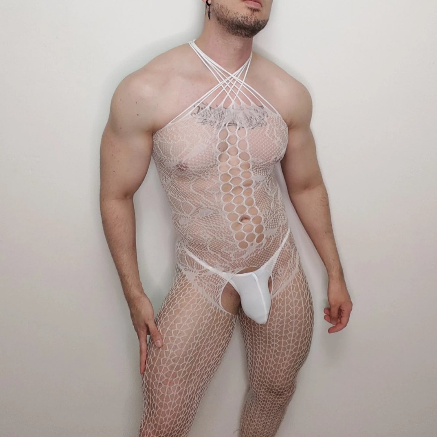 Male White Fetish Bodysuit Lingerie, Erotic Clubwear