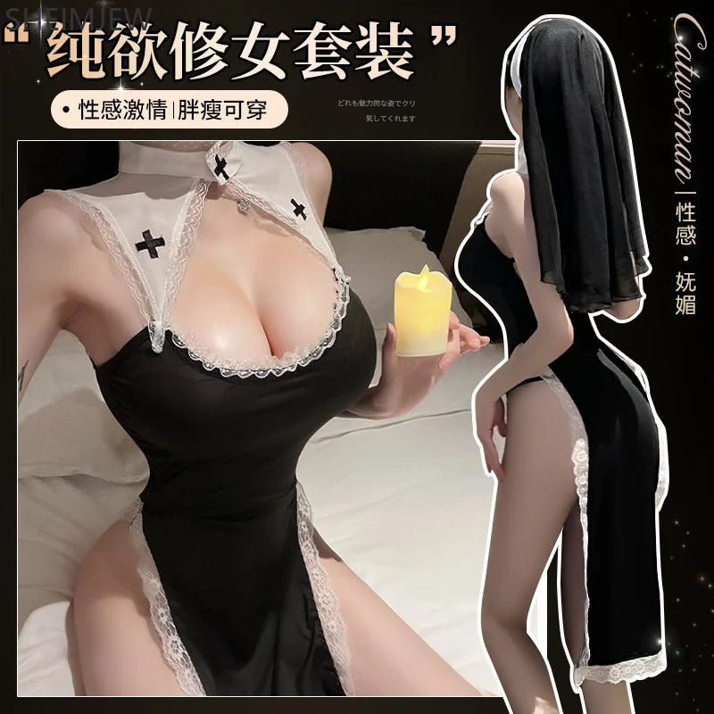 Sexy Nun Roleplay Costume with Lace Lingerie Dress