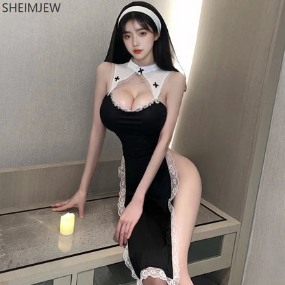 Sexy Nun Roleplay Costume with Lace Lingerie Dress