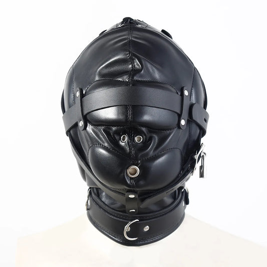 Adjustable Leather BDSM Hood Full Head Bondage Mask
