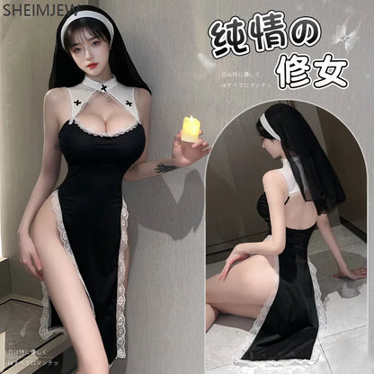 Sexy Nun Roleplay Costume with Lace Lingerie Dress
