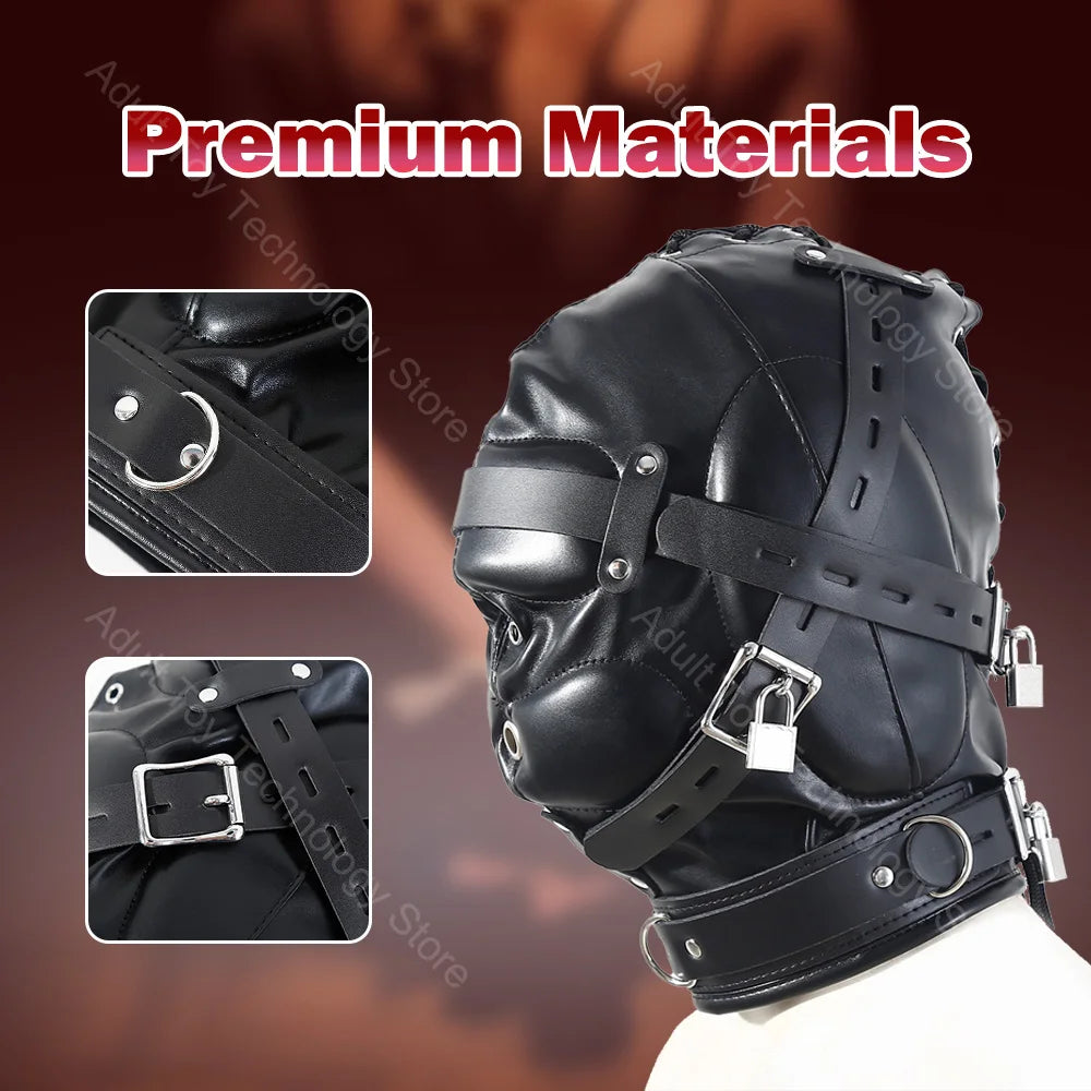 Adjustable Leather BDSM Hood Full Head Bondage Mask