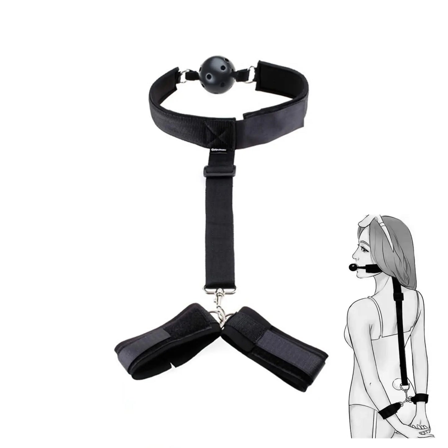 Adjustable BDSM Handcuffs with Ball Gag and Collar Set