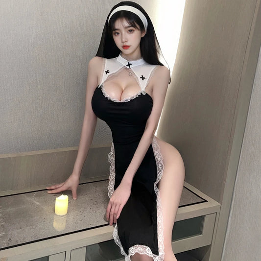Sexy Nun Roleplay Costume with Lace Lingerie Dress