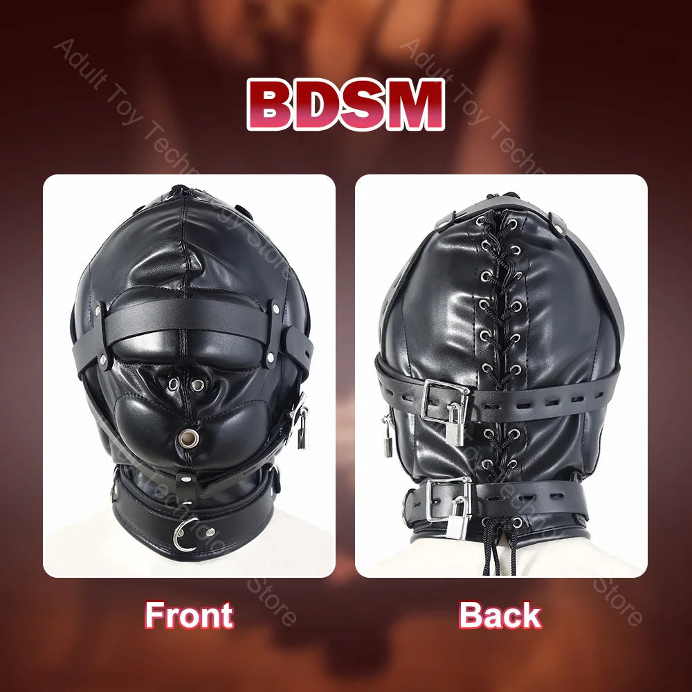 Adjustable Leather BDSM Hood Full Head Bondage Mask
