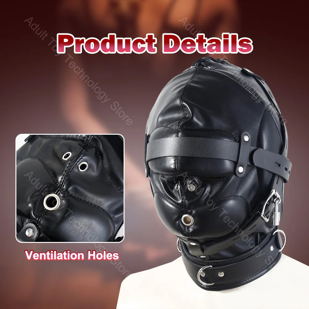 Adjustable Leather BDSM Hood Full Head Bondage Mask